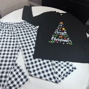 Men’s Black Christmas Tree Pajama Set with Black & White Plaid Pants